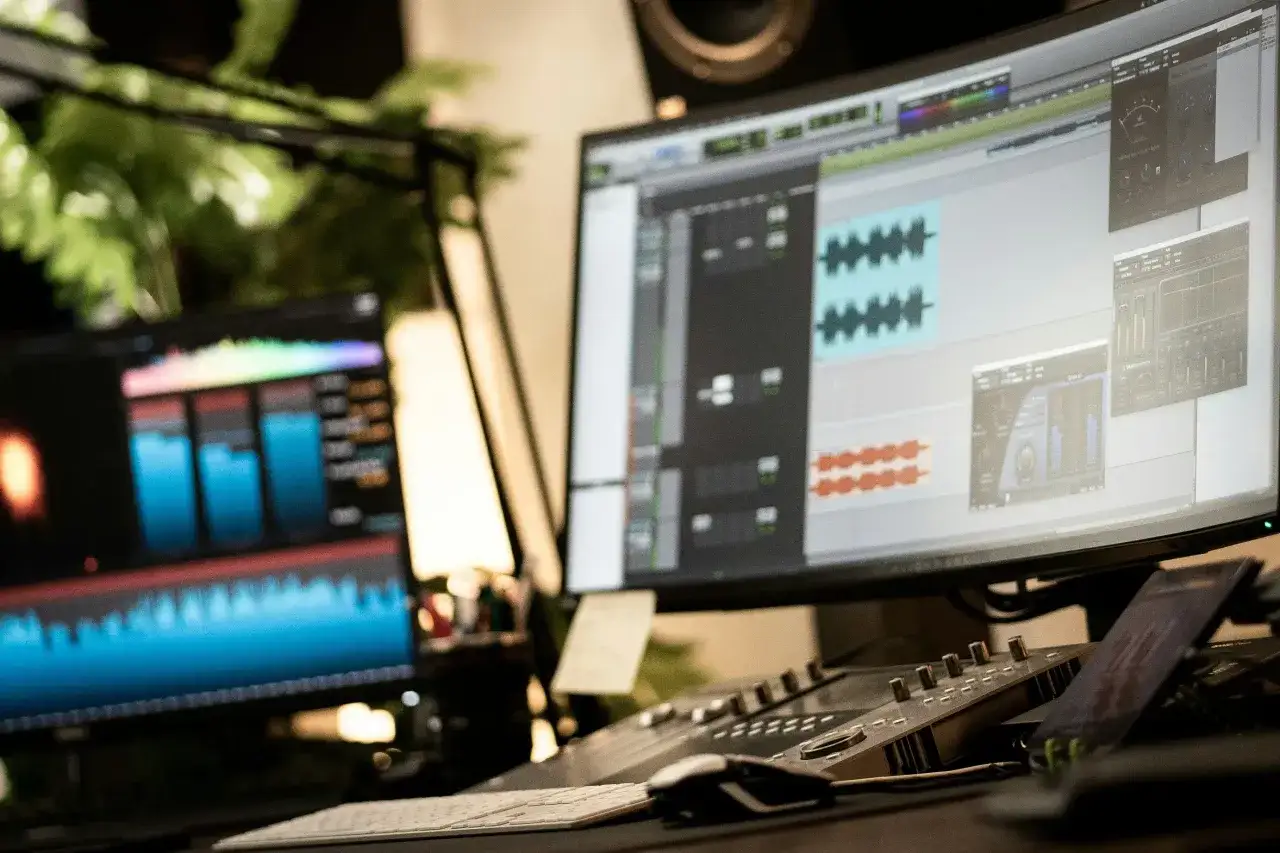 Postes de travail d'un **transient designer** avec &eacute;crans affichant des formes d'onde audio, des analyseurs et des contr&ocirc;les de mixage.