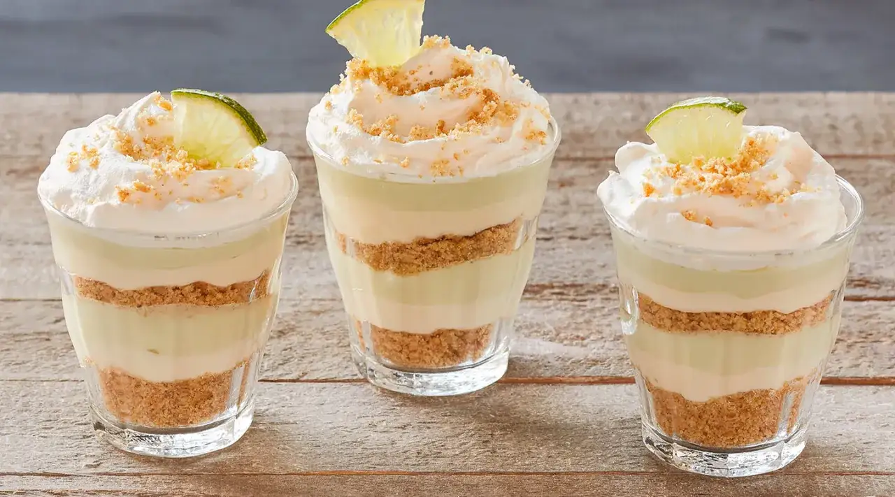 Tre l&auml;ckra key lime pie i glas, med lager av kr&auml;mig lime, kexsmulor och vispad gr&auml;dde, toppade med en limeklyfta.