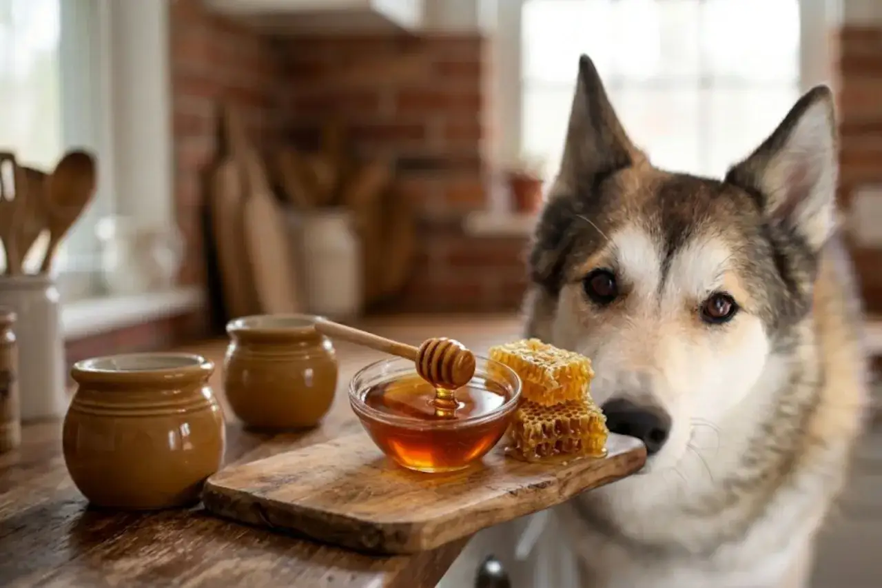 A dog looks curiously at a wooden board with honey in a bowl, honeycomb, and jars. This image makes you wonder, 