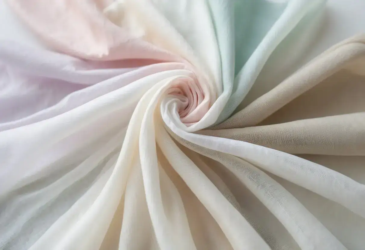 Soft, pastel-colored rayon fabric swirls in a spiral. This light, airy material suggests it is rayon breathable, perfect for summer wear.