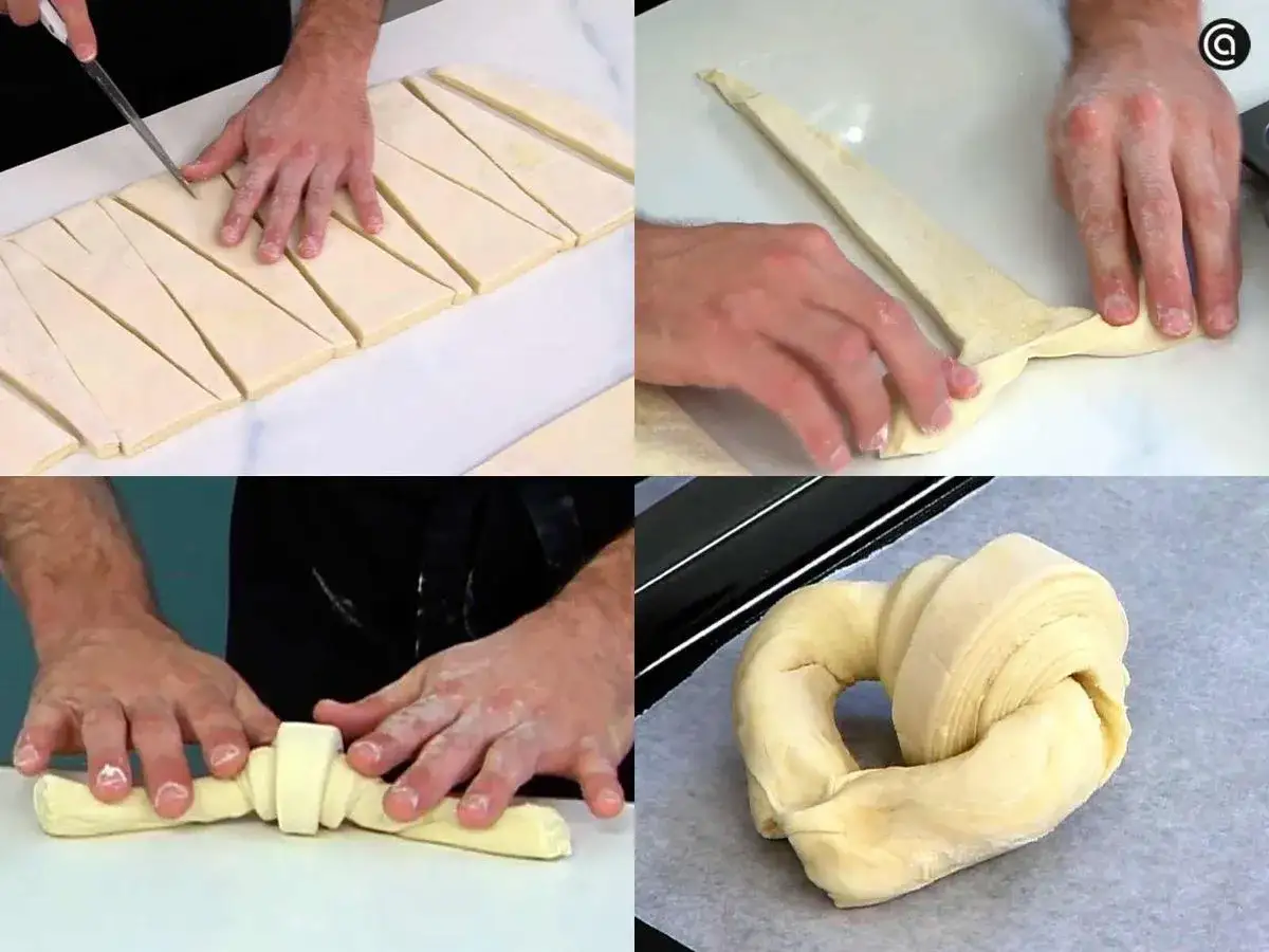 Pasos para la receta cruasanes: cortar masa, enrollar, dar forma y doblar.