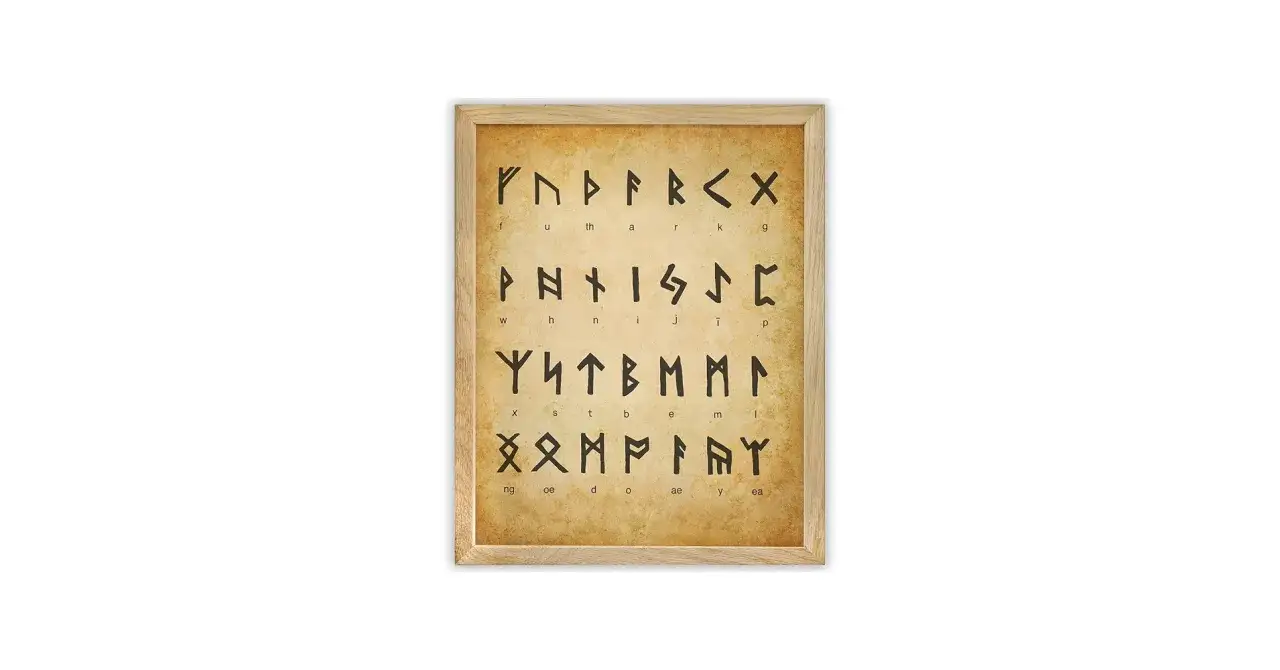 A framed chart displays the Elder Futhark alphabet, a historical rune font, with each symbol paired with its phonetic equivalent.