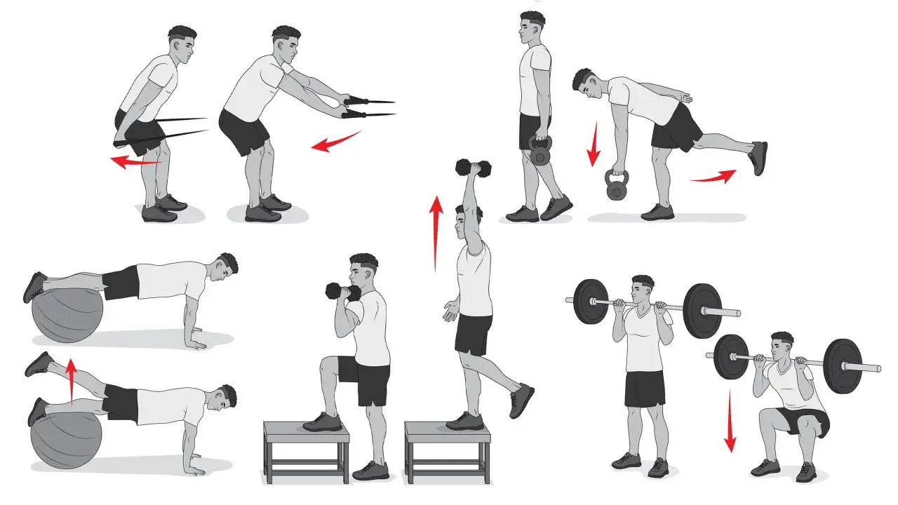 Ilustracje pokazują różne ćwiczenia z hantlami, kettlebell, gumą i sztangą, stanowiące kompletny trening siłowy.