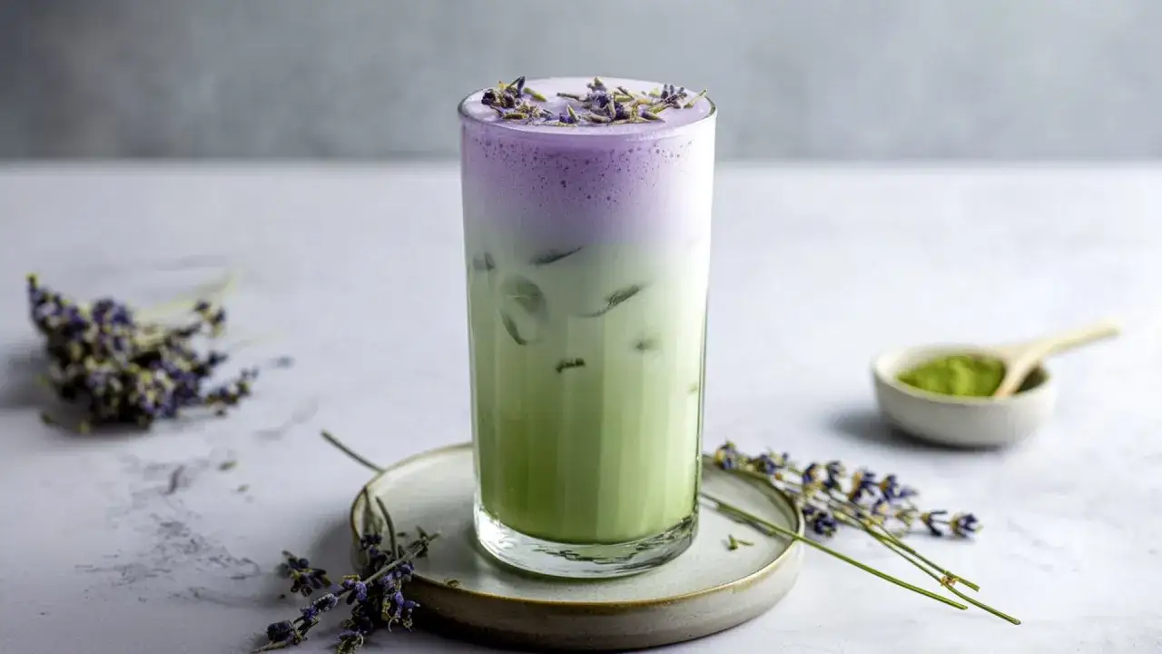 Ein erfrischender Lavendel Latte mit gr&uuml;ner Matcha-Schicht, garniert mit Lavendelbl&uuml;ten.