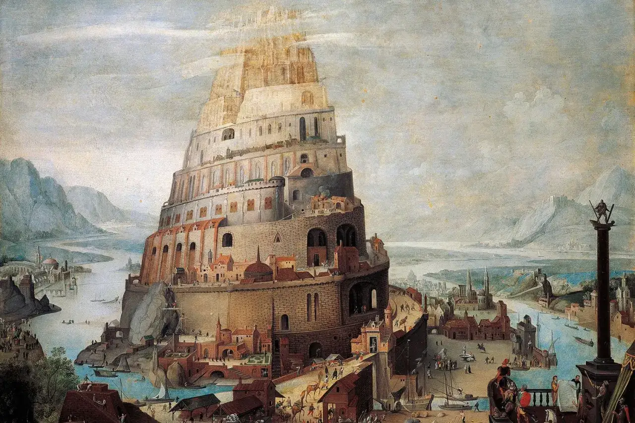 Wieża Babel, streszczenie księgi rodzaju. Monumentalna budowla pnie się ku niebu, otoczona miastem i rzeką.