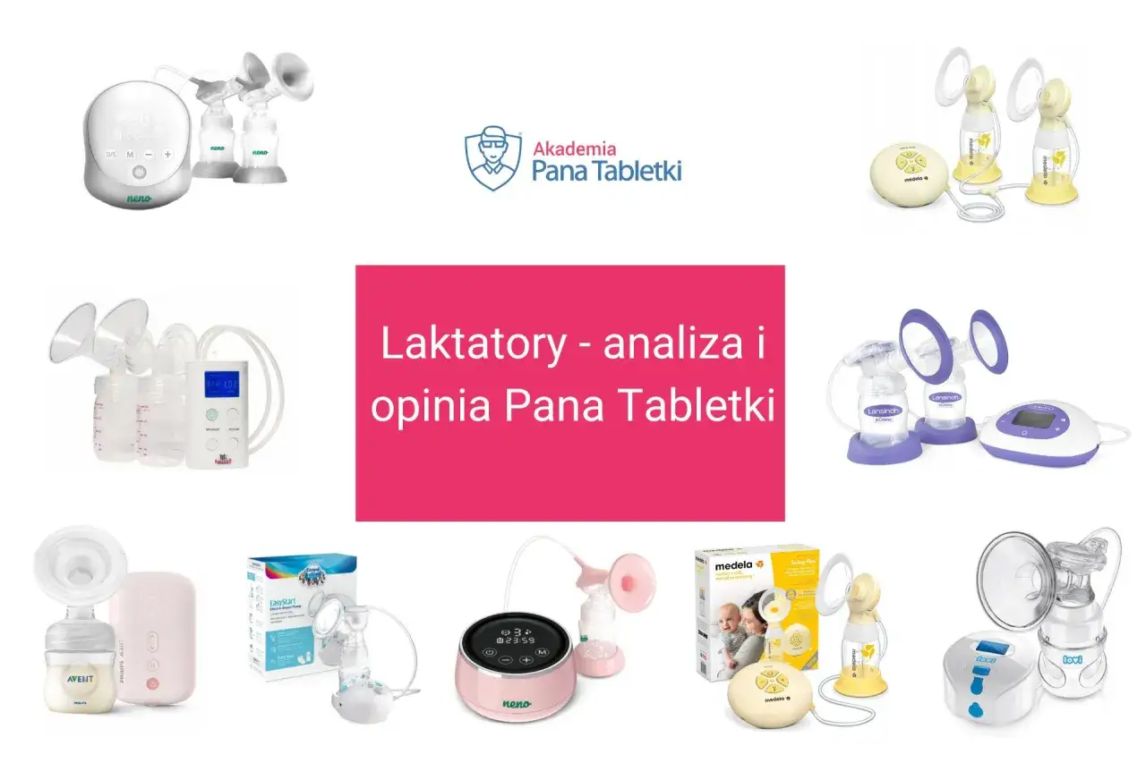 Różnorodne modele laktatorów elektrycznych i ręcznych, w tym Neno, Medela, Lansinoh, Avent i Lovi.