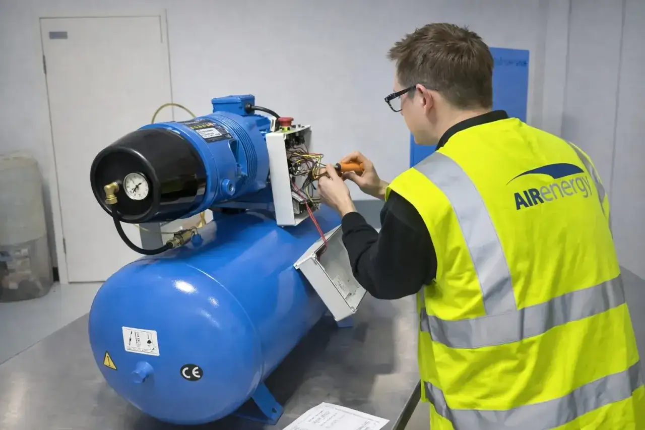 Specjalista w kamizelce odblaskowej wykonuje naprawę sprężarek powietrza, pracując przy instalacji elektrycznej.