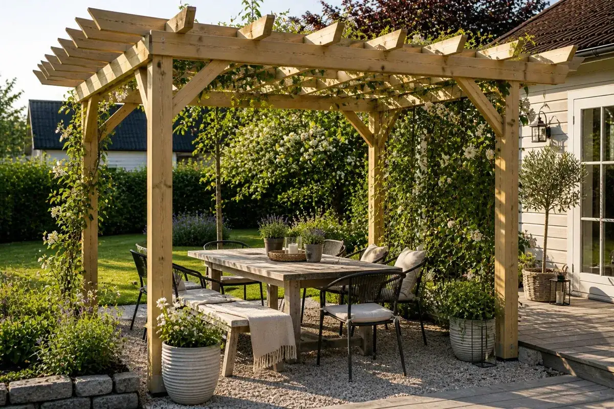 En vacker träpergola med matbord och stolar, perfekt för sommarmåltider. Tänk vad enkelt det vore med pergola bygglov för en sådan härlig uteplats.