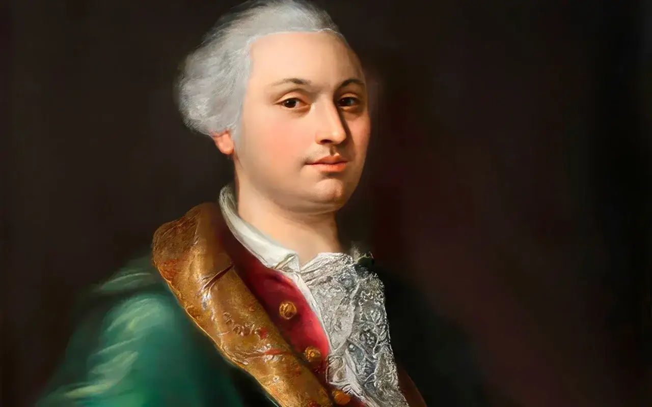 Portret mężczyzny w peruce, w bogatym stroju, przypominającego słynnego Casanovę, z uwodzicielskim spojrzeniem.