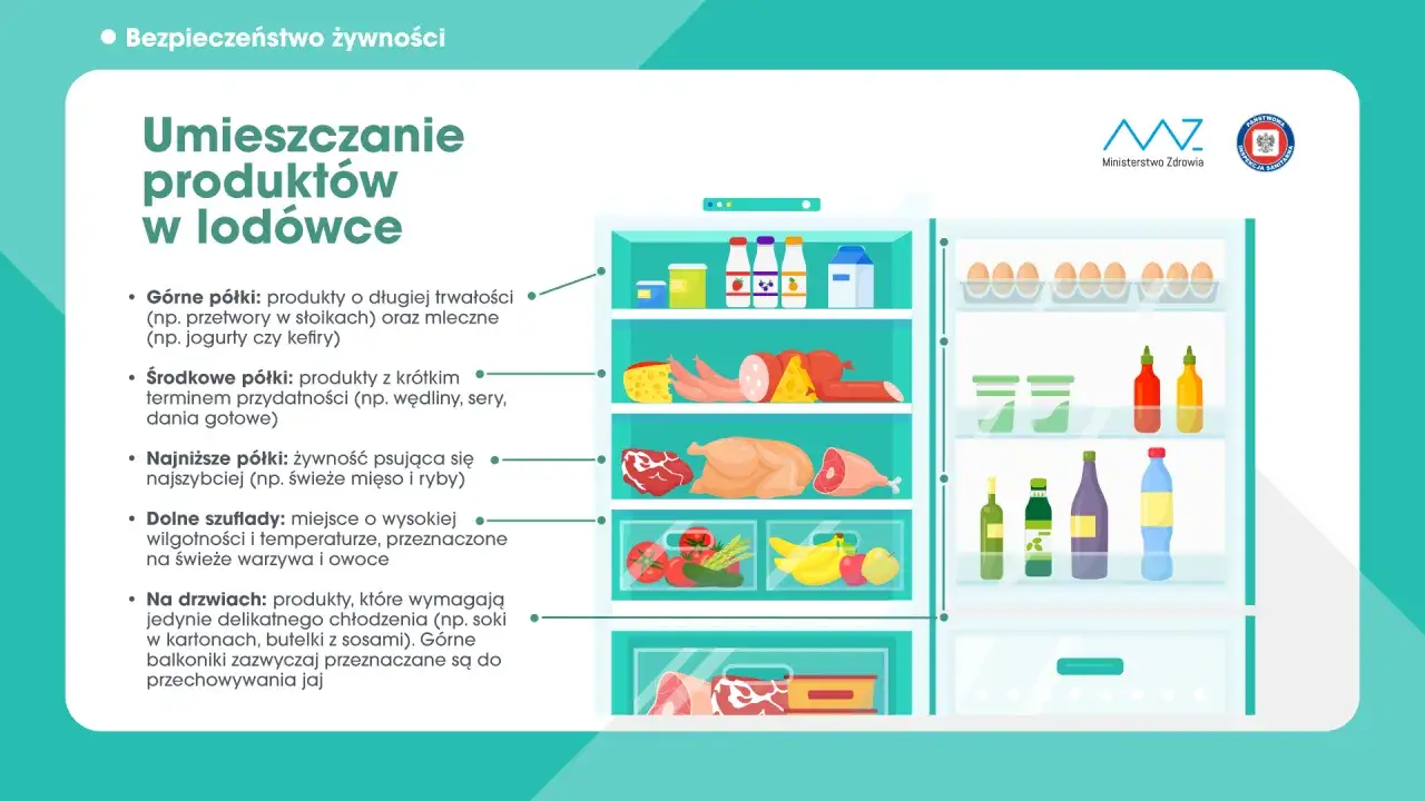 Jak przechowywać wędliny w lodówce? Na środkowych półkach, obok serów i gotowych dań. Obrazek pokazuje rozmieszczenie produktów w lodówce.