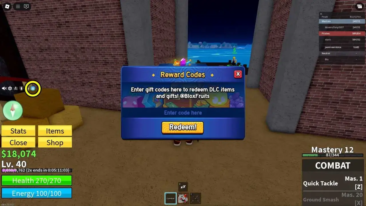Blox Fruit Code: Ein Fenster mit der Aufforderung 