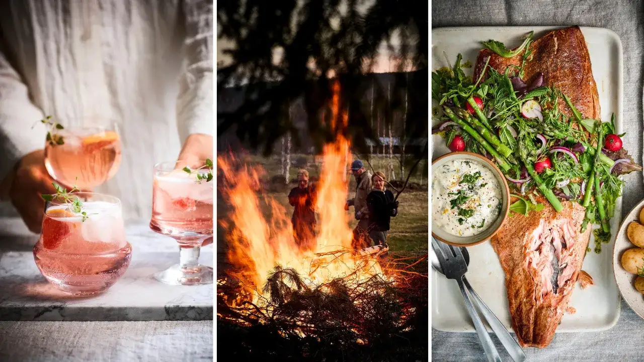 En h&auml;rlig middag valborg med rosa drinkar, en sprakande brasa och en festlig laxr&auml;tt.