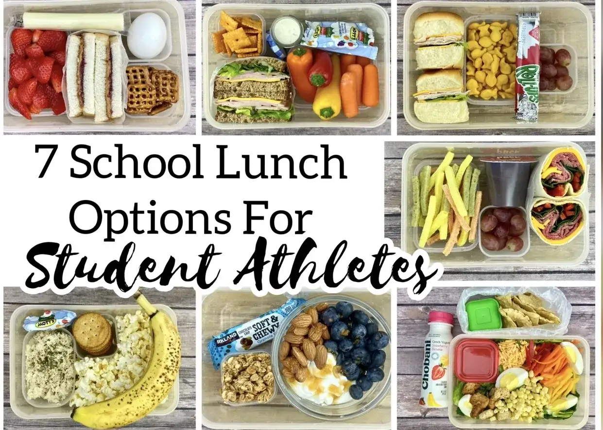 Sette idee per cosa mangiare a pranzo per atleti studenti: panini, insalate, yogurt e frutta.
