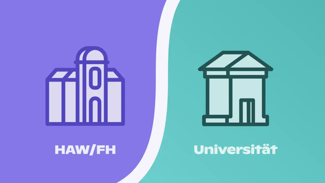 Grafik zeigt Geb&auml;ude f&uuml;r HAW/FH und Universit&auml;t, die den Unterschied zwischen Hochschule und Uni verdeutlichen.