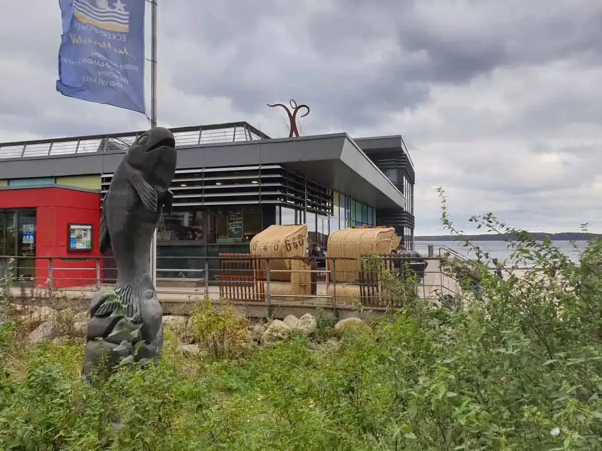 Fischstatue vor modernem Gebäude am Wasser. Gute Ausflugsziele Ostsee bei schlechtem Wetter, mit Strandkörben und Blick aufs Meer.