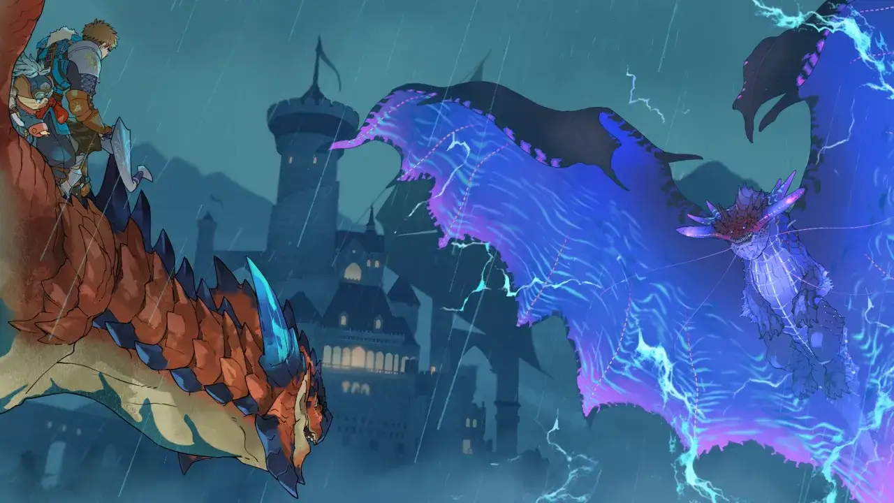Un jinete en un dragón rojo se enfrenta a un dragón azul eléctrico frente a un castillo. ¡Una escena épica de Monster Hunter Stories 3!