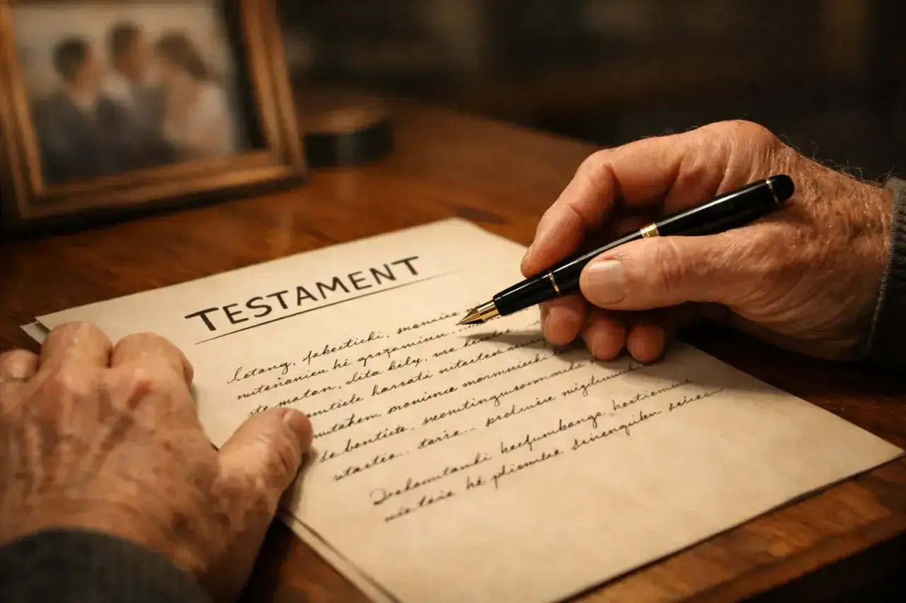 Dłoń pisze testament allograficzny piórem. W tle zdjęcie rodziny.