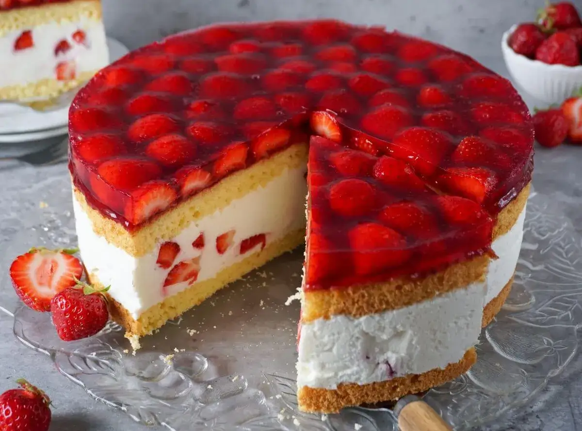 Eine saftige Erdbeer Torte mit viel frischen Erdbeeren und Sahne, bereit zum Genießen.