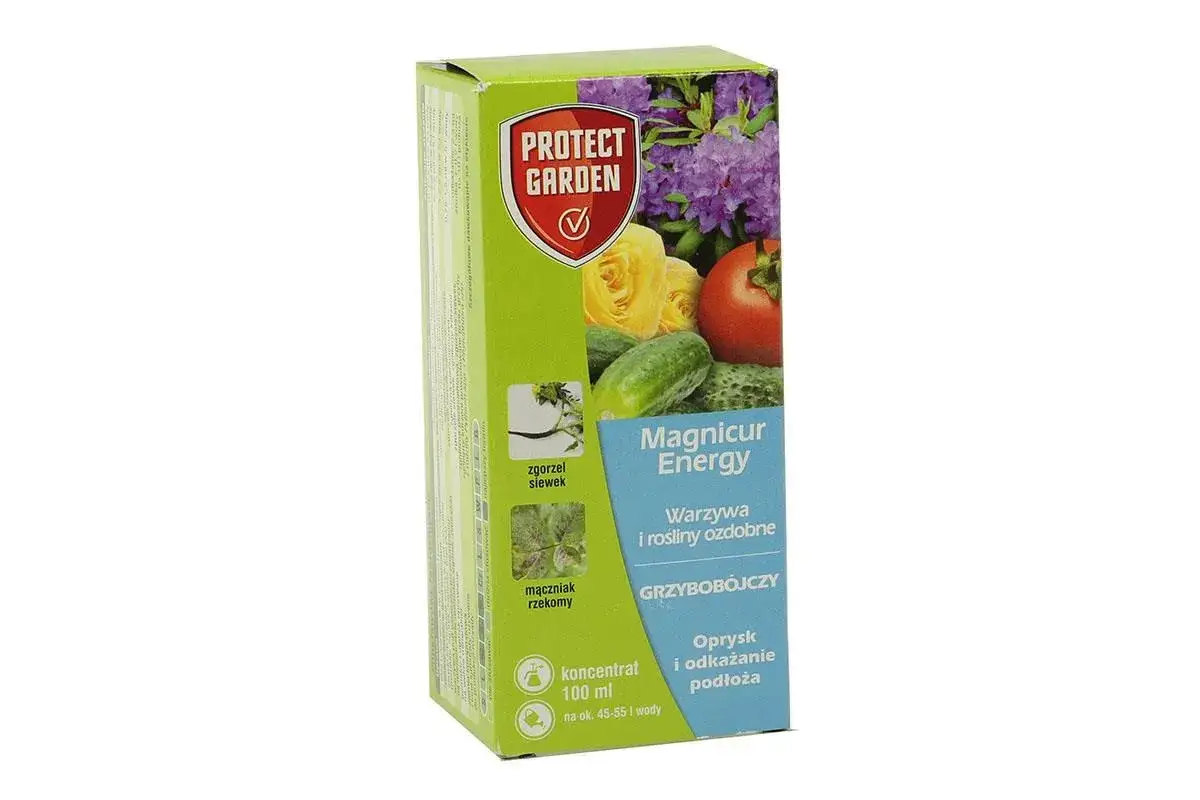 Opakowanie Protect Garden z produktem Magnicur Energy. Chroni warzywa i rośliny ozdobne przed chorobami grzybowymi, zwalcza zgorzel siewek i mączniak rzekomy.
