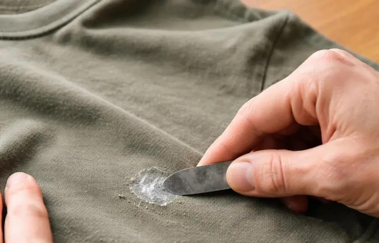 Mit einem Spachtel wird versucht, hartnäckiges Silikon aus Kleidung zu entfernen.