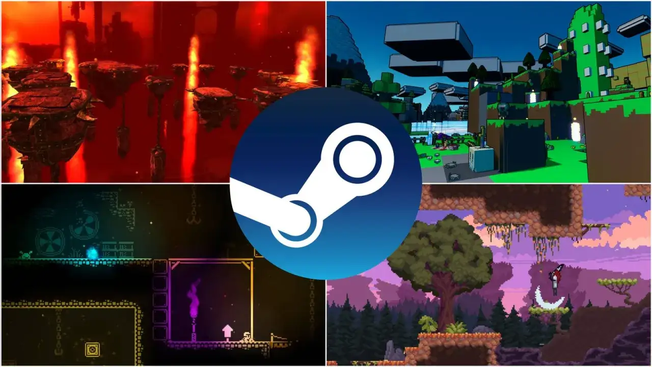 Kolaż z gier na Steam, platforma jest darmowa, a gry można kupić. Widok na piekielne platformy, świat z klocków, pikselowe wyzwania i magiczny las.