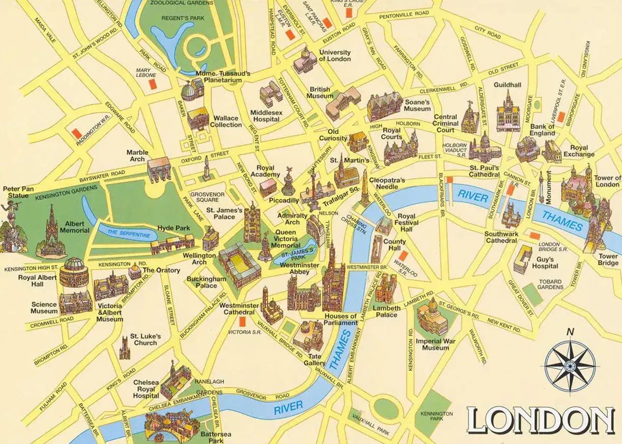 Mapa de Londres con monumentos y calles. Ideal para planificar d&oacute;nde comer en Londres y visitar lugares emblem&aacute;ticos.
