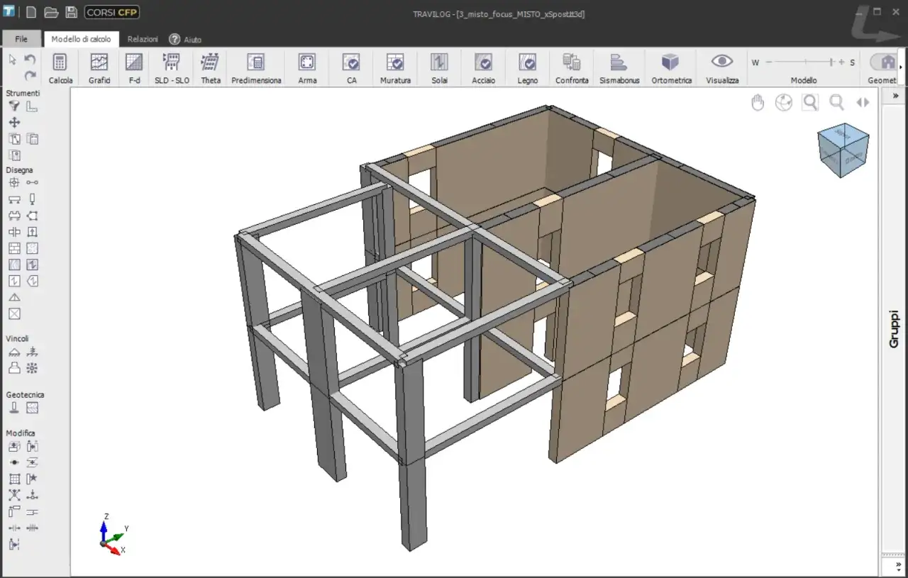 Modello 3D di una struttura in cemento armato e muratura, con elementi in legno. Il software di calcolo strutturale permette di analizzare la **malta strutturale** e altri materiali.