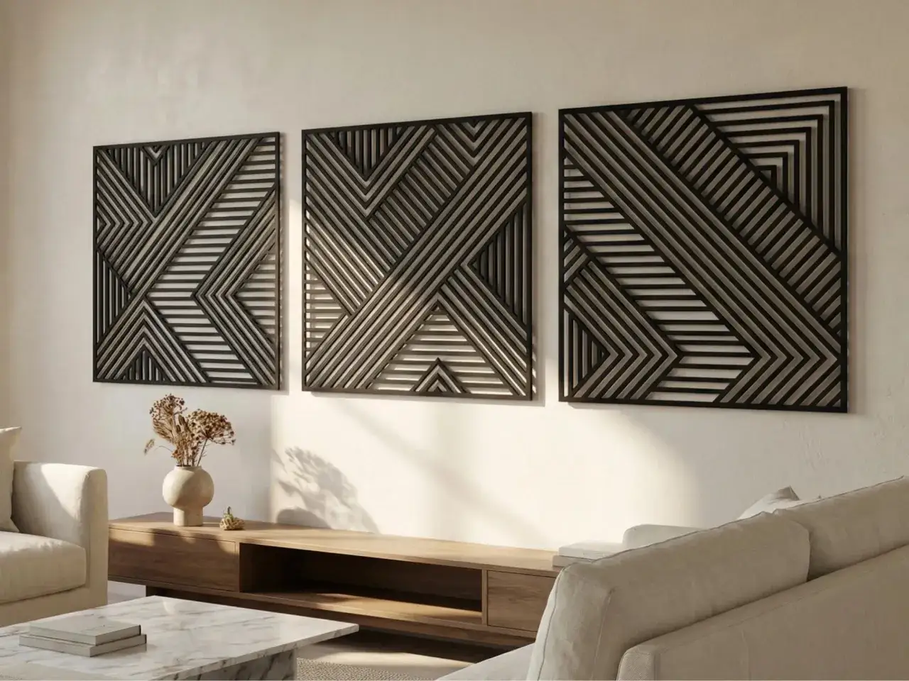 Drei geometrische Holzpaneele mit besonderer Wandgestaltung, die Schatten auf die helle Wand werfen.