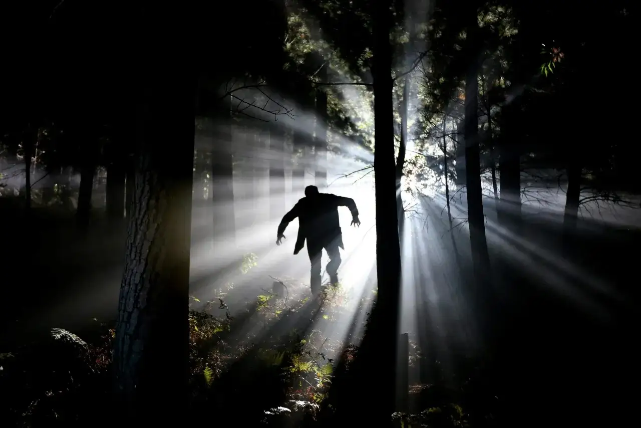 Silueta de una persona corriendo en un bosque oscuro, con rayos de luz atravesando la niebla. Es como soñar que te persiguen para matarte.