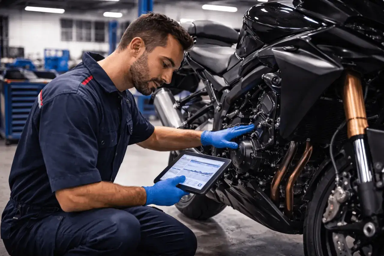Mecánico revisa datos en tablet mientras diagnostica un motor 4 tiempos que arranca y se para.