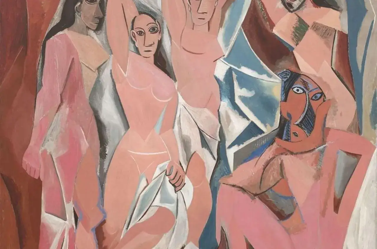 Les demoiselles d'Avignon, un tableau cubiste de Picasso, présente cinq femmes nues aux formes anguleuses et aux visages stylisés.