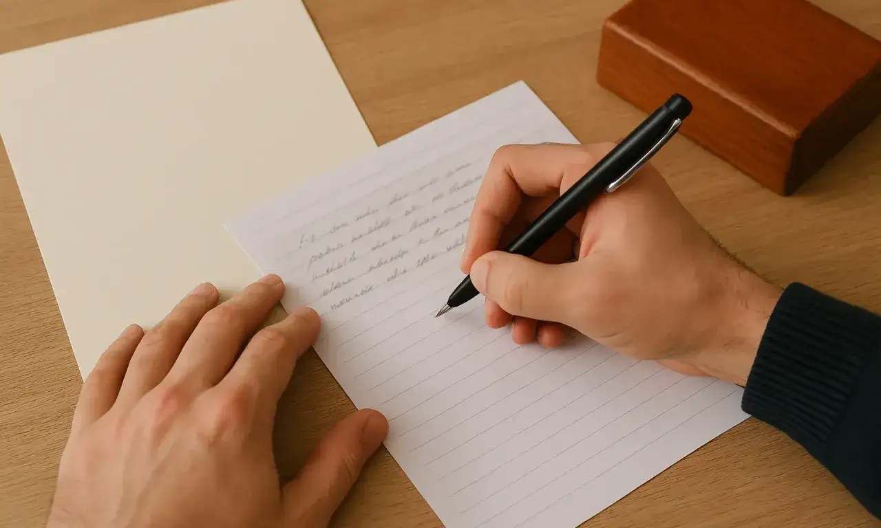 Dłoń pisze ręcznie list, być może testament holograficzny. Obok leży pusty papier i drewniane pudełko.