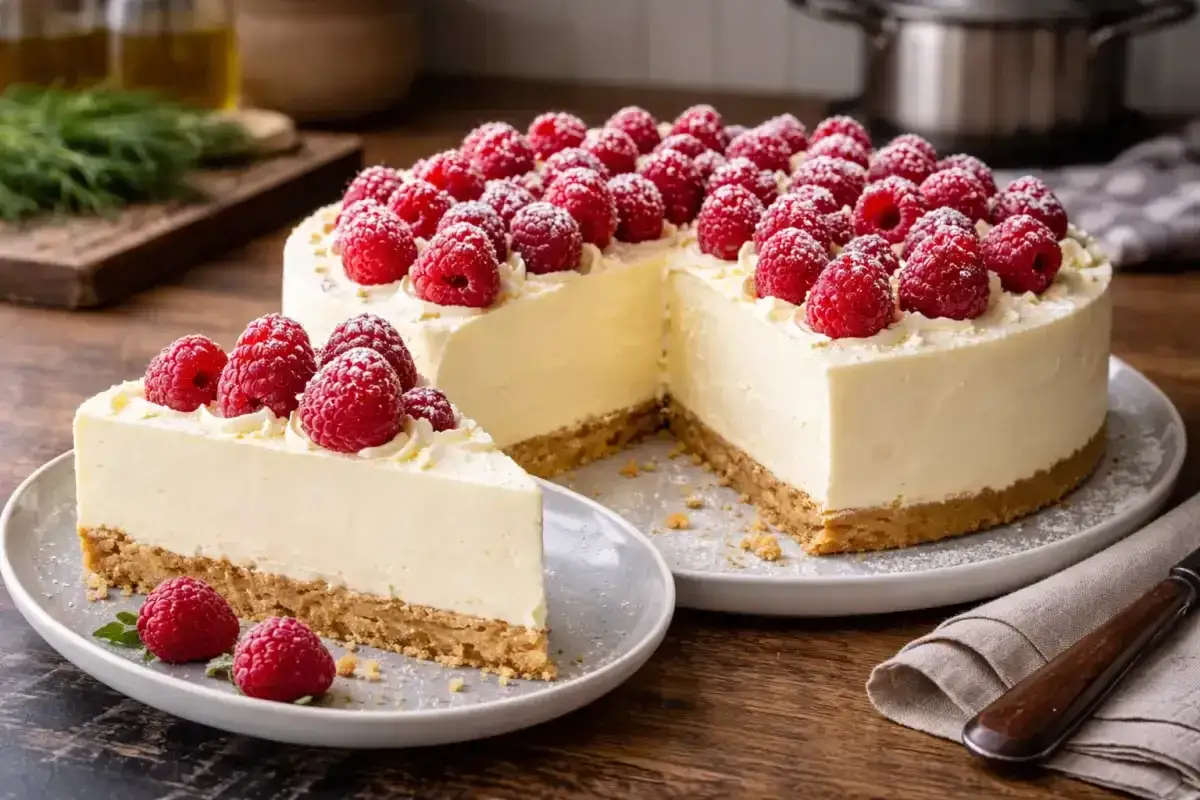 Pyszny sernik z mascarpone, udekorowany malinami i cukrem pudrem, z jednym kawałkiem na talerzyku.