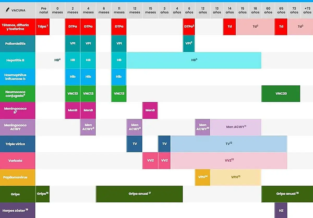 Calendario de vacunación infantil, destacando la vacuna DTPa a los 15 meses.