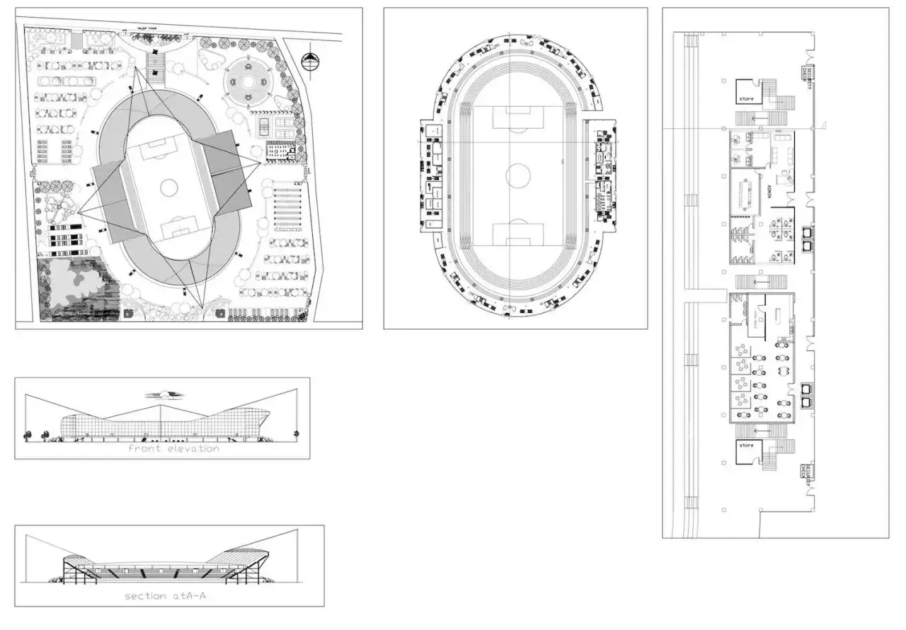 Plany architektoniczne stadionu: widok z góry, przekrój, elewacja i rzut piętra z pomieszczeniami administracyjnymi i sklepami. Skala 2:1.