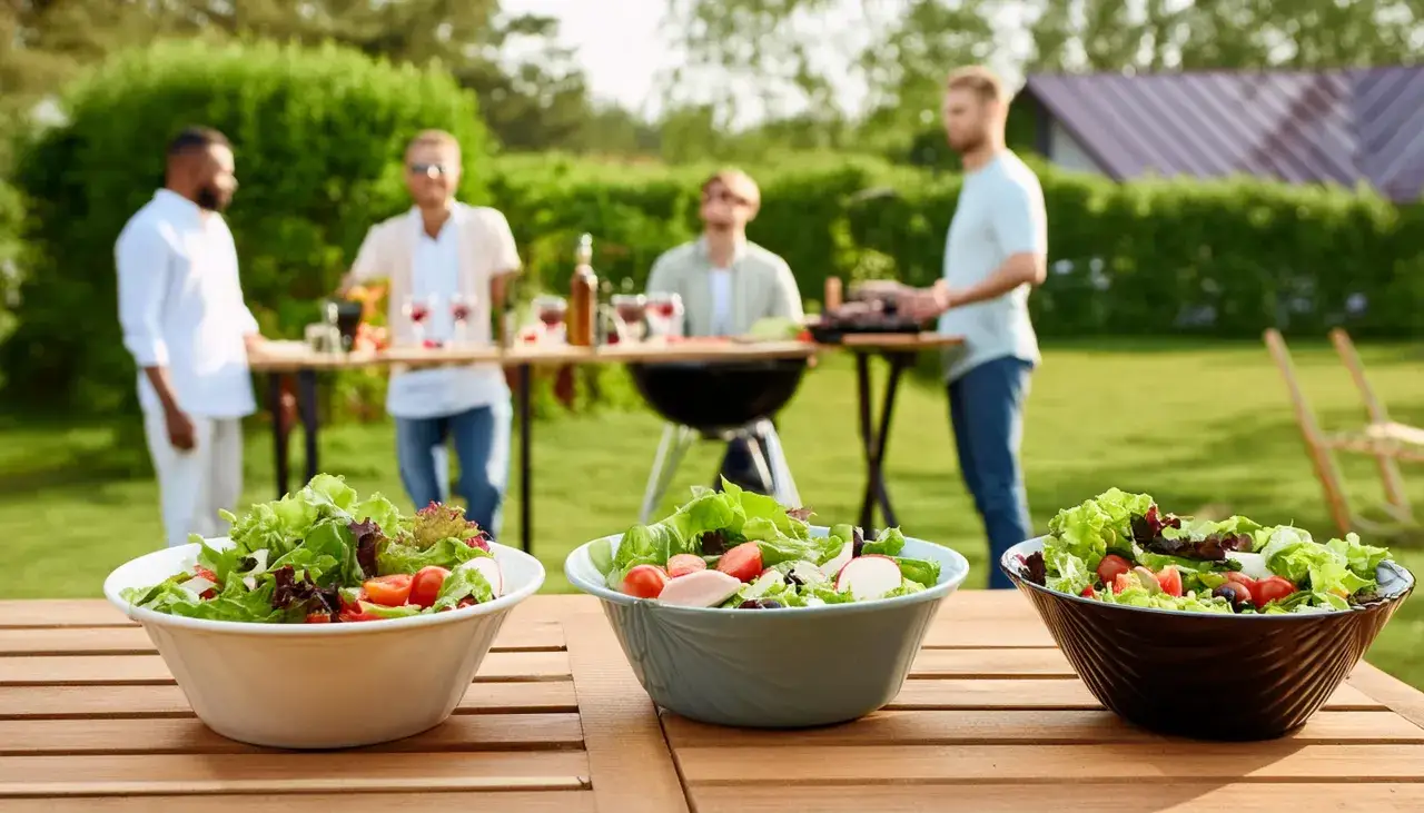Drei Schüsseln mit frischen Salaten stehen auf einem Holztisch. Im Hintergrund bereiten Männer ein Barbecue vor. Perfekt für die 10 besten Salate!