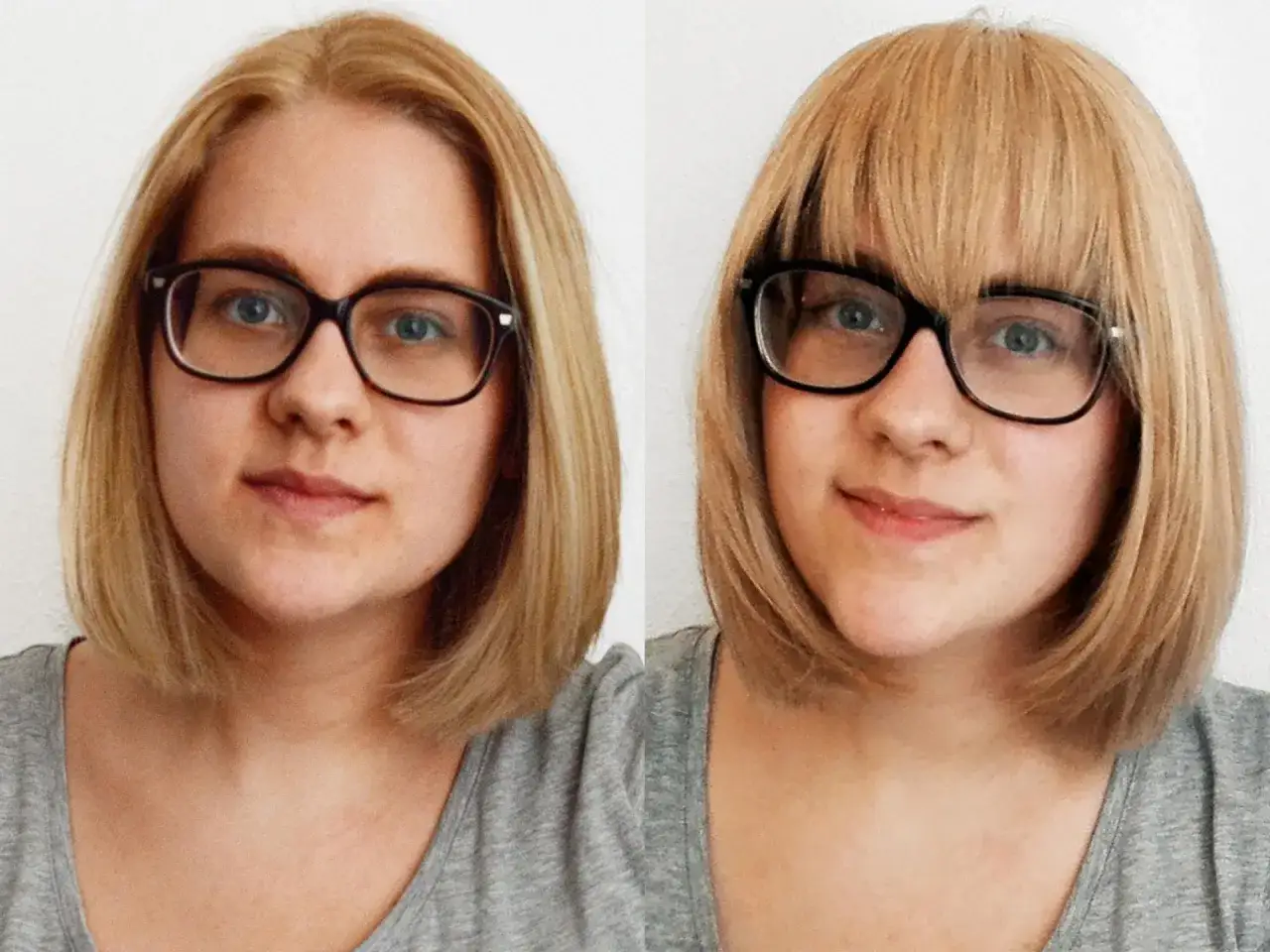 Zwei Bilder einer Frau mit Brille, die ihren neuen Pony testen. Links ohne, rechts mit Pony.