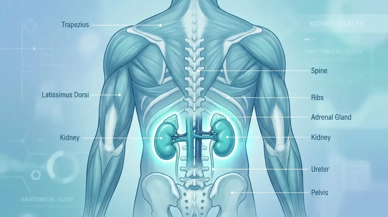 Anatomia umana vista da dietro, con focus sui reni. La colonna vertebrale, le costole e i muscoli del dorso sono visibili, insieme ai reni e agli ureteri. Utile per chi soffre di fitte dietro la schiena.