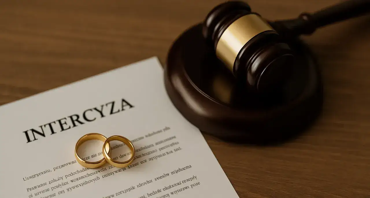Sądowy młotek i obrączki na dokumencie 