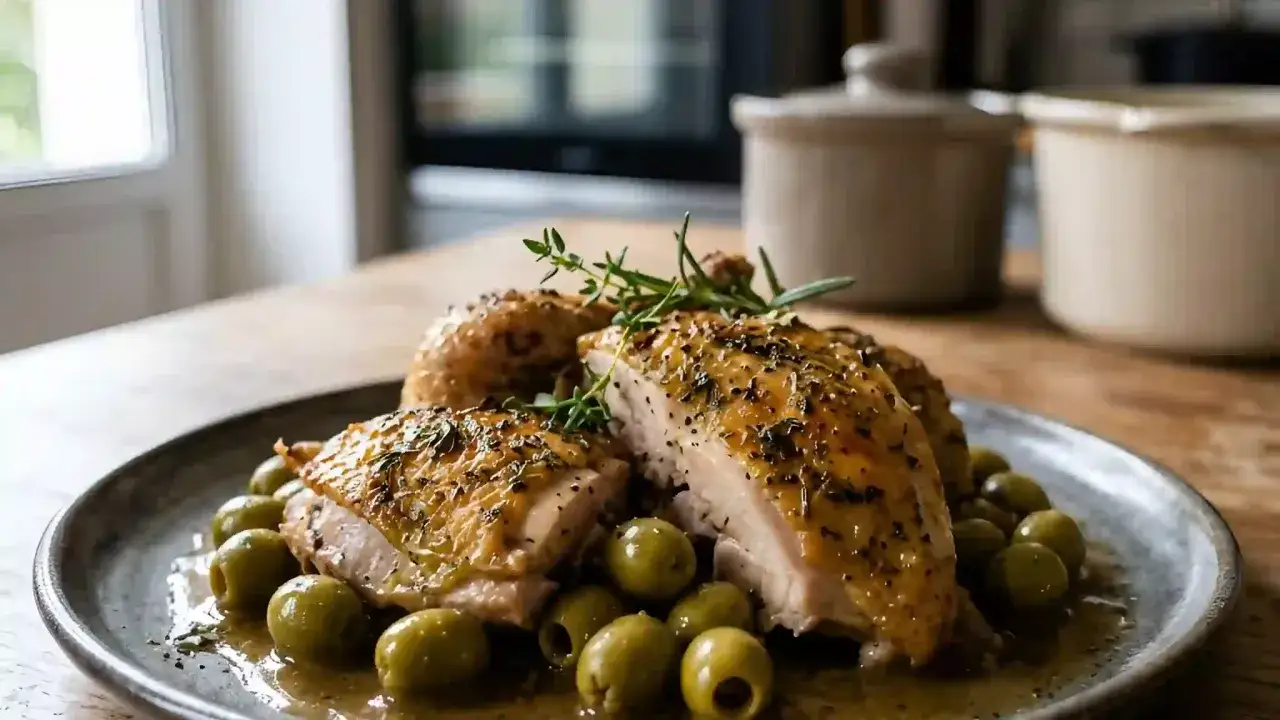 Pintade au four, dorée et juteuse, servie avec des olives vertes et des herbes fraîches sur une assiette rustique.