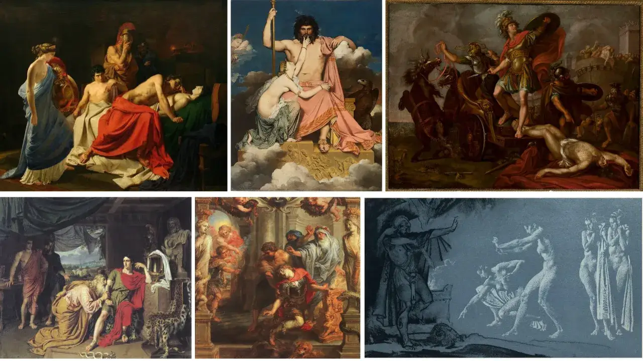 Obraz przedstawia sceny z mitologii greckiej, w tym Achillesa, którego pięta achillesa była jego jedynym słabym punktem.