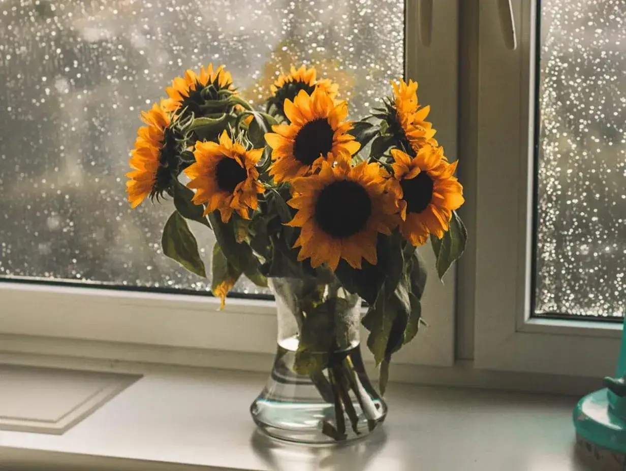 Strahlende sonnenblumen in der vase auf einer fensterbank, w&auml;hrend drau&szlig;en Regentropfen am Fenster perlen.