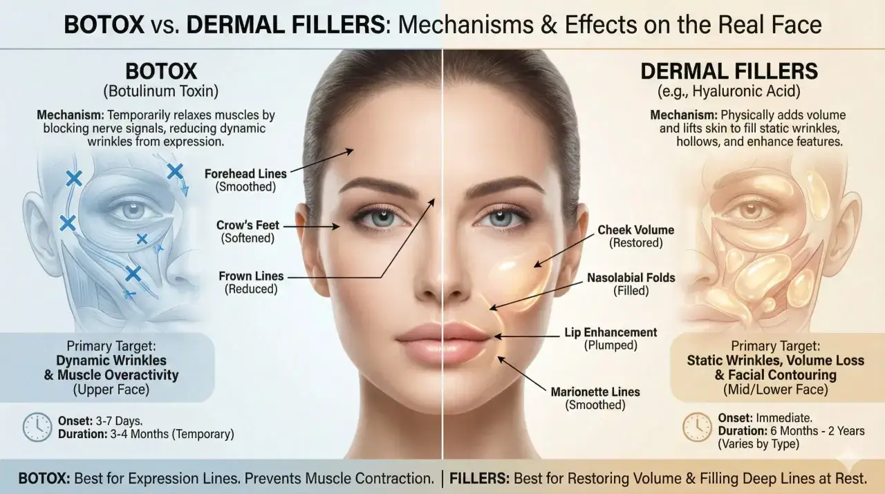 Jämförelse av botox eller fillers för ansiktsbehandlingar. Botox slätar ut rynkor orsakade av muskler, fillers fyller ut volymförlust och statiska linjer.