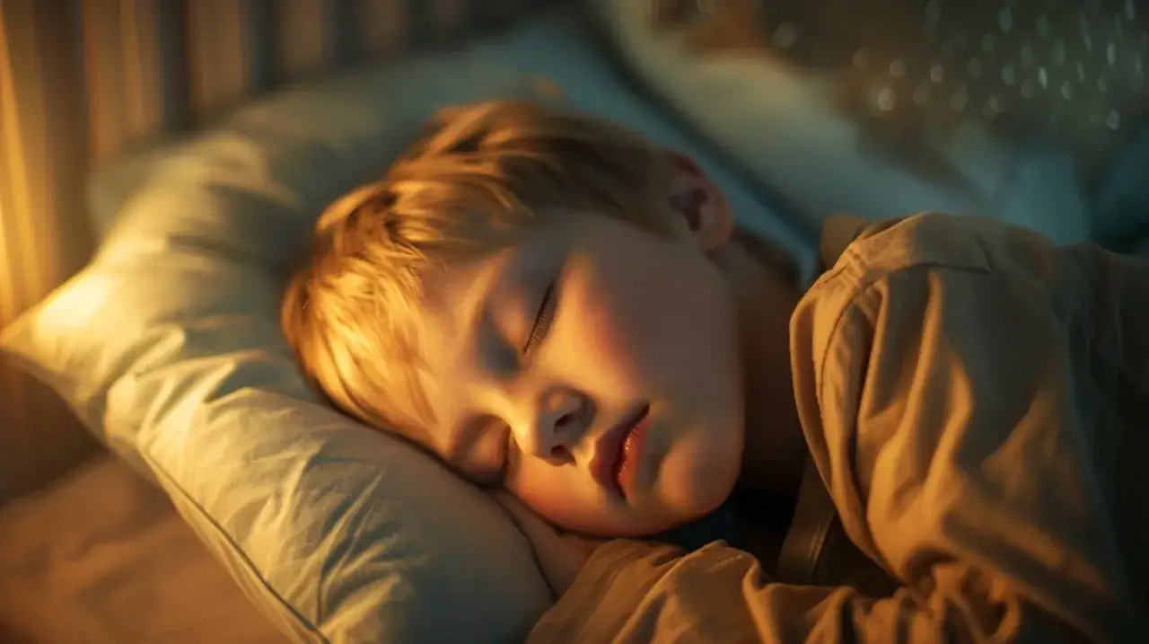 Ni&ntilde;o rubio de 2 a&ntilde;os duerme pl&aacute;cidamente. La luz c&aacute;lida ilumina su rostro, sugiriendo un momento de paz tras un posible llanto.