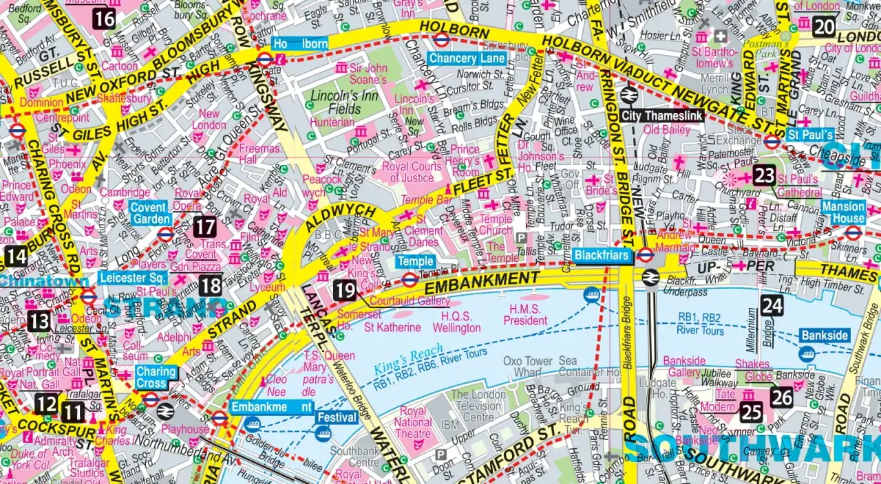 Mapa Londynu z zaznaczonymi stacjami metra i atrakcjami, idealna do planowania, gdzie najlepiej nocować w Londynie.