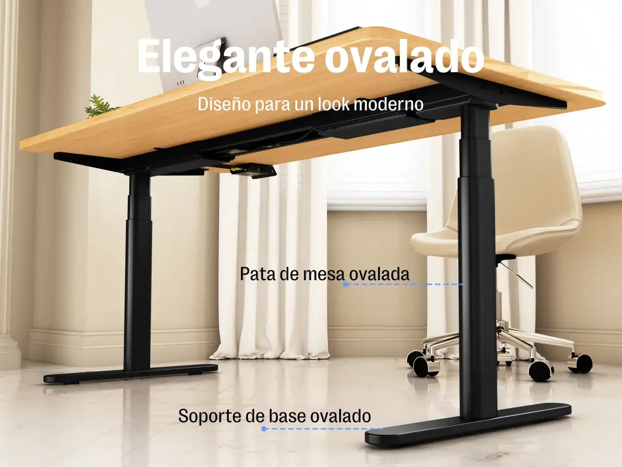 Mesa con motor de altura ajustable, diseño elegante y moderno. Patas y base ovaladas para un estilo contemporáneo.