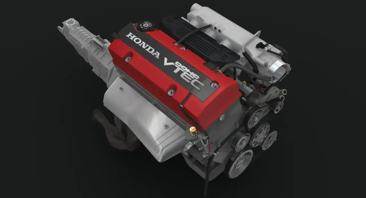 Motor Honda VTEC DOHC, un ejemplo de mejor motor gasolina 4 cilindros, con su distintivo color rojo y detalles plateados.