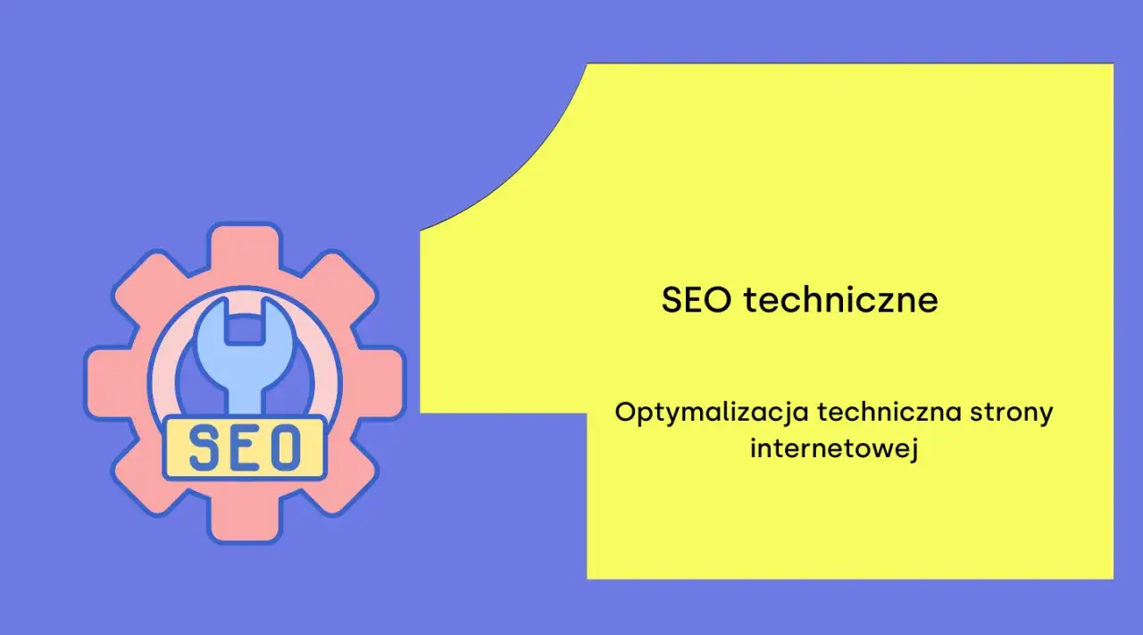 Grafika z kołem zębatym i kluczem, symbolizująca techniczne SEO. Tekst: 