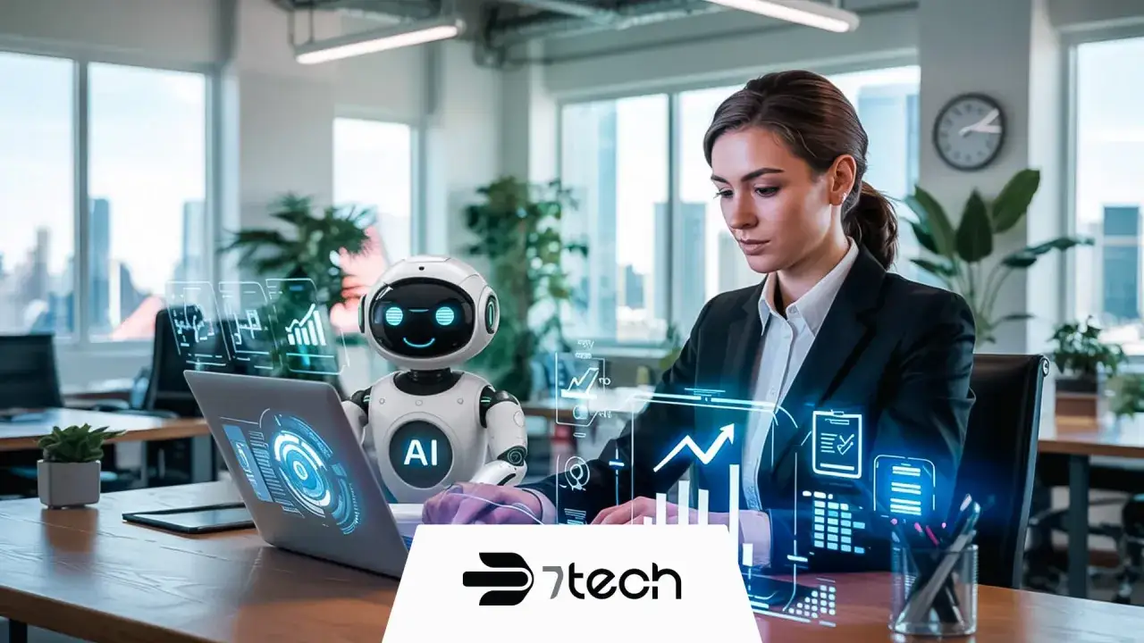 Una mujer trabaja con un robot de IA, analizando gr&aacute;ficos en una oficina moderna. El **bing chat** ayuda en el an&aacute;lisis de datos.