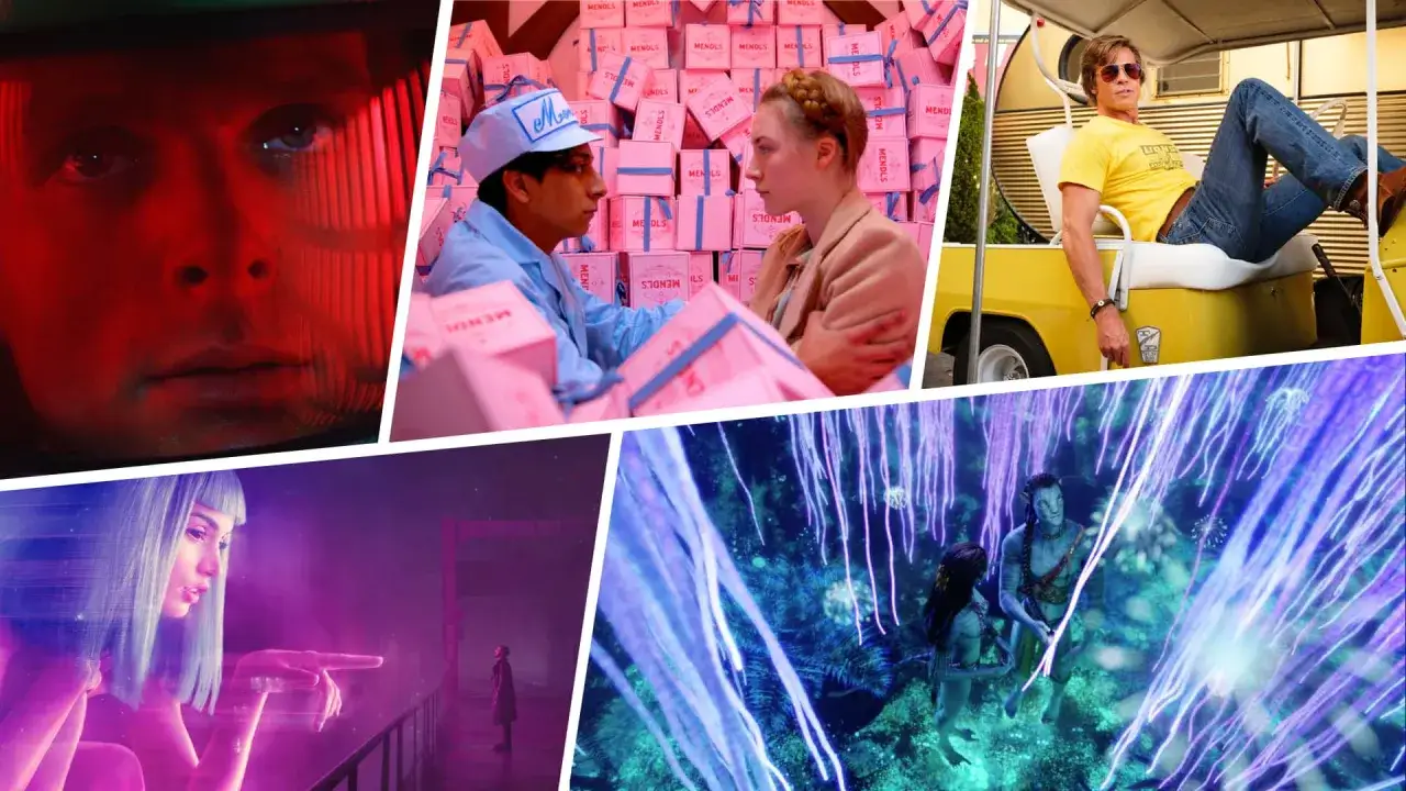 Un collage di scene cinematografiche con diverse tonalit&agrave; dei colori: rosso intenso, rosa pastello, giallo solare e blu elettrico.